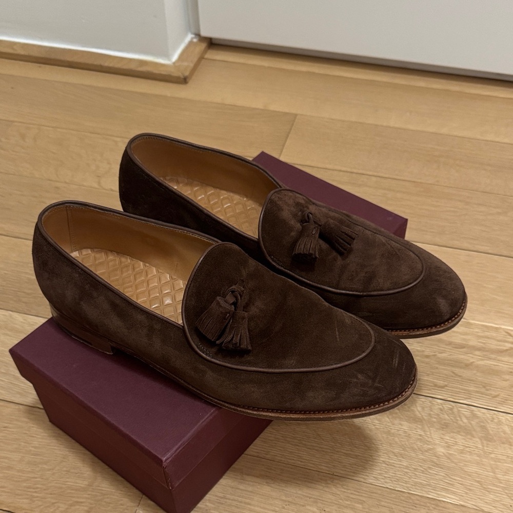 John Lobb Dark Brown Suede Tassel Loafers